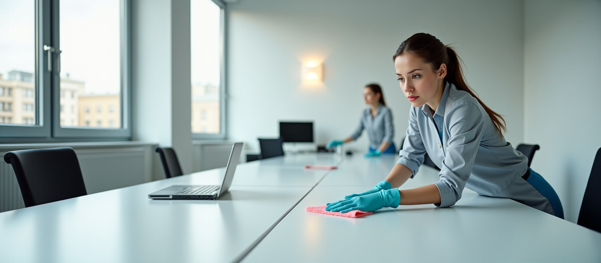 Cleaner wiping down a desk in a bright office